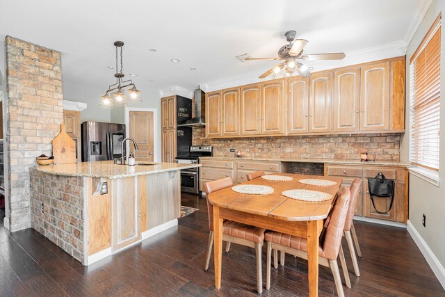 kitchen with sink, hanging light fixtures, wall chimney exhaust hood, light stone countertops, and stainless steel appliances