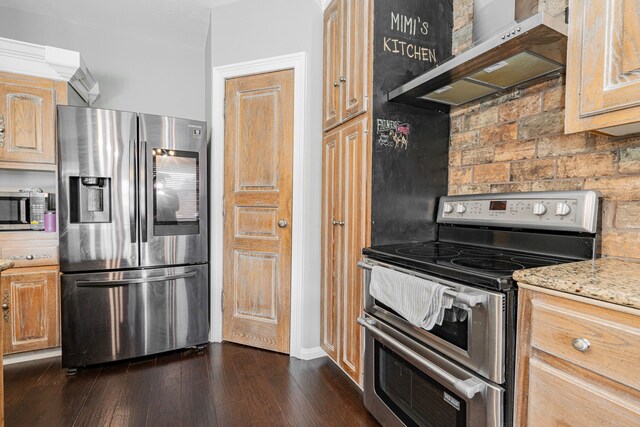 kitchen with dark hardwood / wood-style floors, tasteful backsplash, light stone countertops, range hood, and appliances with stainless steel finishes