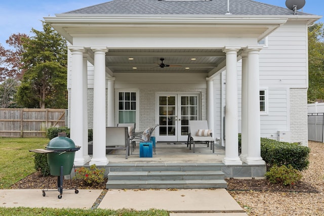 exterior space featuring french doors and ceiling fan