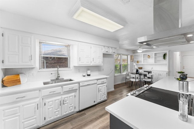 kitchen with white cabinetry, sink, white dishwasher, and ventilation hood