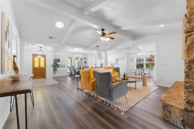 living room with lofted ceiling with beams, ceiling fan, and wood-type flooring