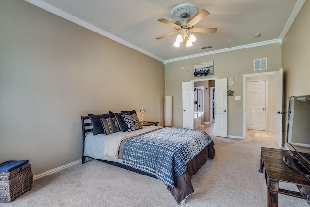 bedroom featuring carpet floors, ceiling fan, and crown molding