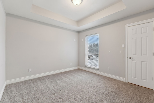 unfurnished room featuring a tray ceiling and carpet floors