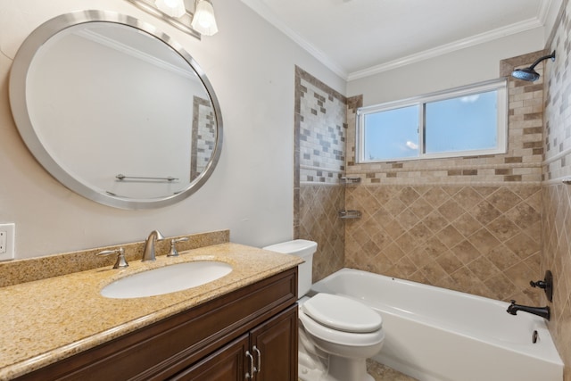 full bathroom with vanity, toilet, tiled shower / bath, and ornamental molding