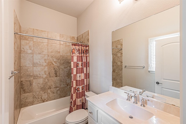 bathroom featuring toilet, vanity, and shower / bathtub combination with curtain