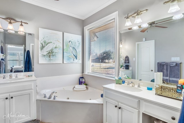 bathroom featuring vanity, crown molding, a bathing tub, and ceiling fan