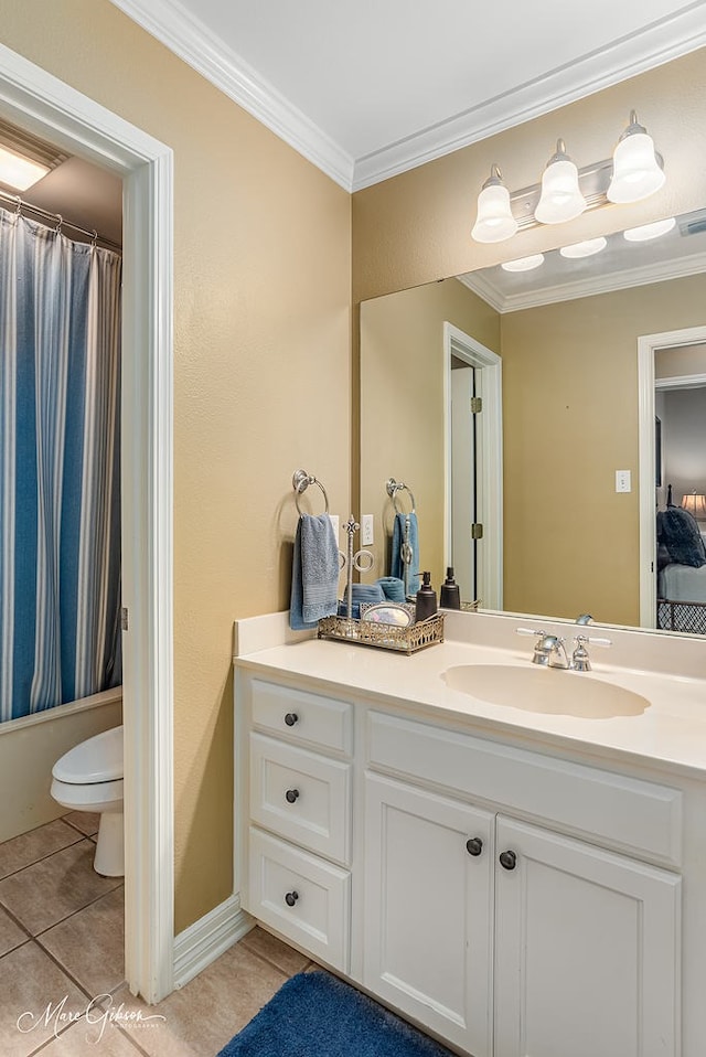 full bathroom featuring shower / tub combo with curtain, toilet, ornamental molding, vanity, and tile patterned flooring