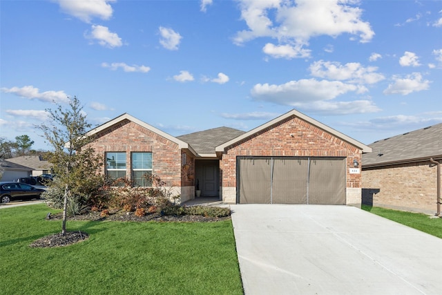 ranch-style home with a front yard and a garage