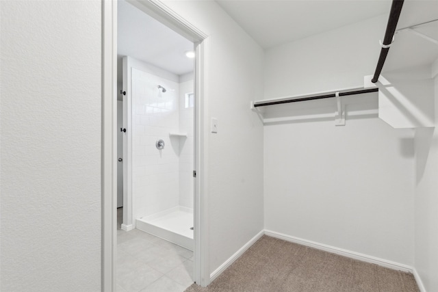 walk in closet featuring light carpet