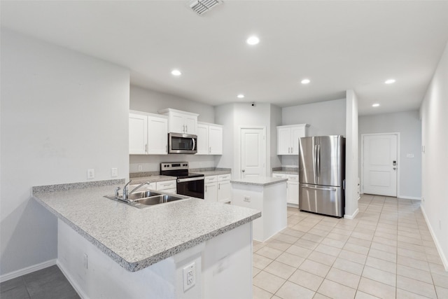 kitchen featuring white cabinets, kitchen peninsula, sink, and appliances with stainless steel finishes