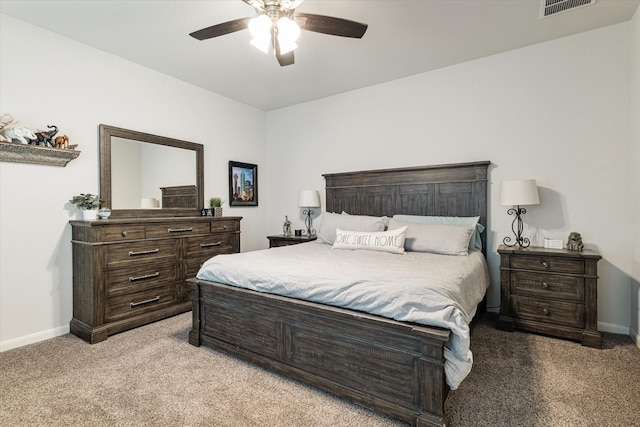 bedroom featuring ceiling fan and light colored carpet