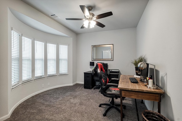 office featuring ceiling fan, plenty of natural light, and carpet floors