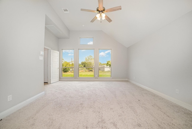 interior space featuring ceiling fan, carpet flooring, and vaulted ceiling