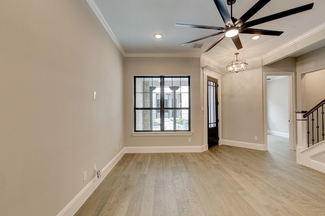 305 Sunset Ln Unit 102, Fort Worth, TX 76114 - empty room featuring stairway, crown molding, light wood-style floors, a ceiling fan, and recessed lighting