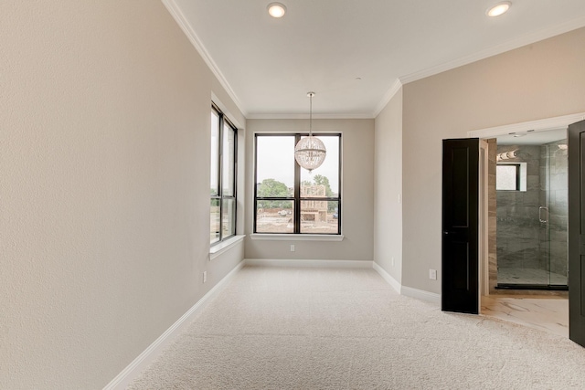 unfurnished room featuring crown molding, light colored carpet, and a notable chandelier