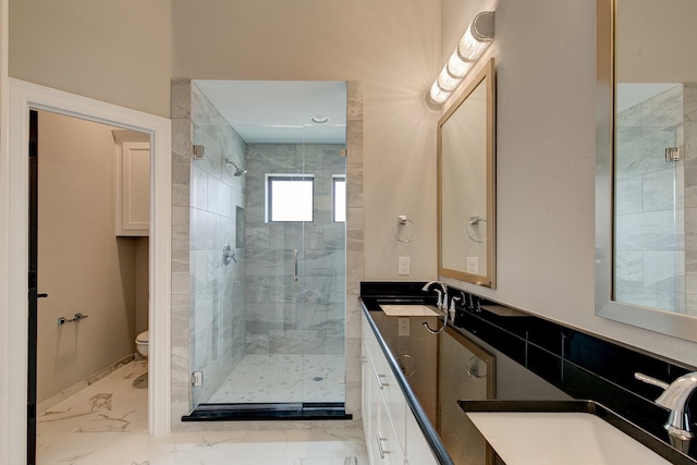 305 Sunset Ln Unit 102, Fort Worth, TX 76114 - bathroom featuring a stall shower, double vanity, and marble look tile flooring