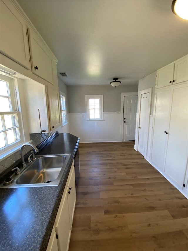 kitchen with dark hardwood / wood-style floors, white cabinetry, and sink