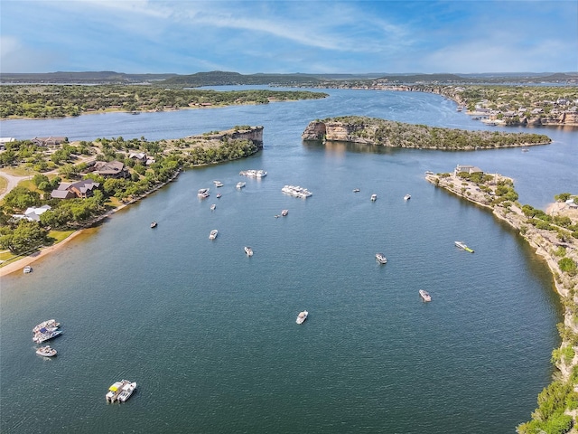 drone / aerial view featuring a water view