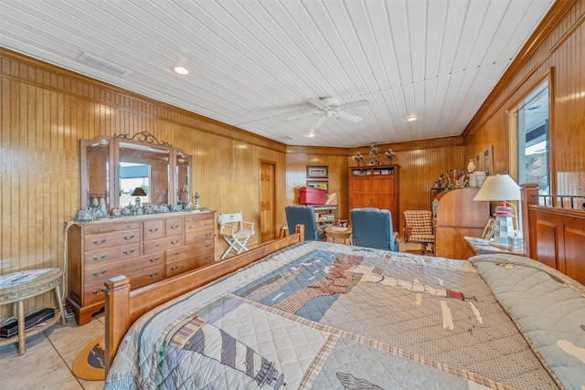 tiled bedroom with ceiling fan, wood walls, wooden ceiling, and multiple windows