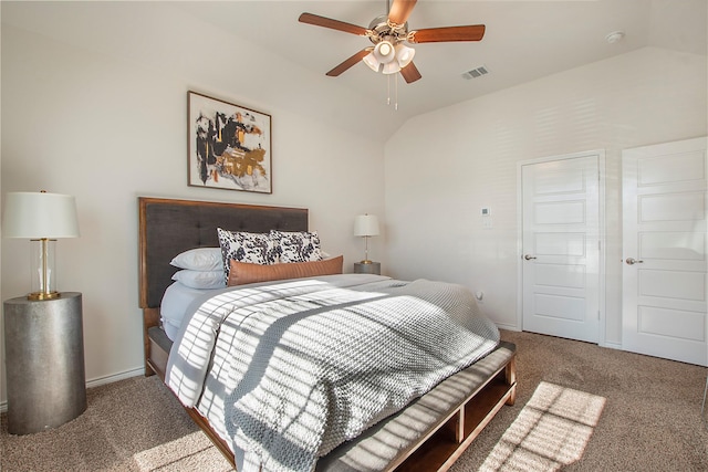 bedroom featuring carpet floors, ceiling fan, and lofted ceiling