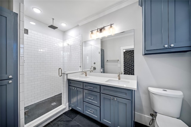 bathroom featuring crown molding, toilet, vanity, and walk in shower