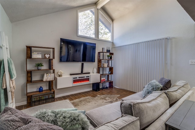 living room with high vaulted ceiling and dark hardwood / wood-style flooring