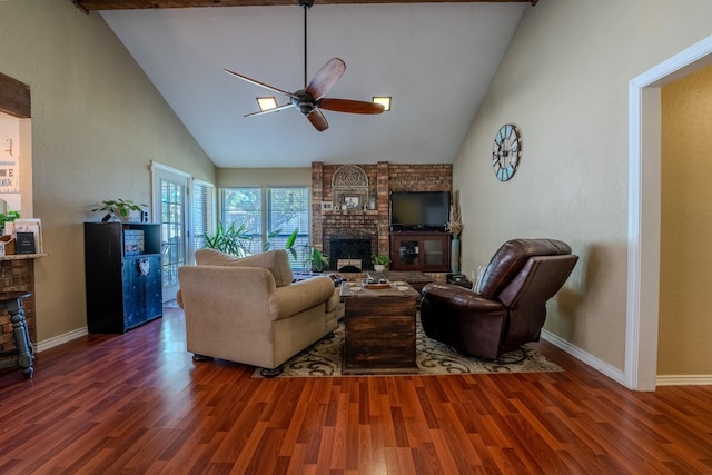 living room with dark hardwood / wood-style flooring, a brick fireplace, high vaulted ceiling, and ceiling fan