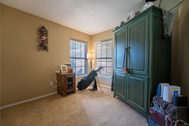 carpeted office featuring a textured ceiling