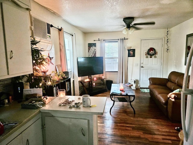 living room with dark hardwood / wood-style floors, ceiling fan, and a textured ceiling