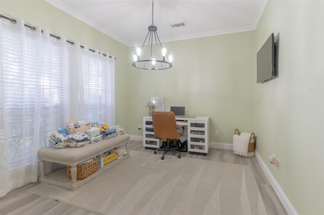 office space with wood-type flooring, crown molding, and a chandelier