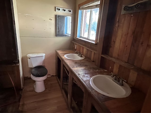 bathroom featuring vanity, wood walls, toilet, and wood-type flooring