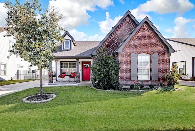 view of front of home with a porch and a front lawn