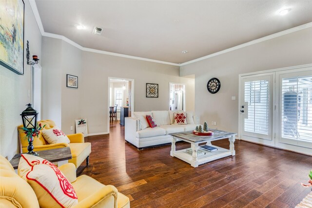 living room with crown molding, a fireplace, dark hardwood / wood-style floors, and a textured ceiling