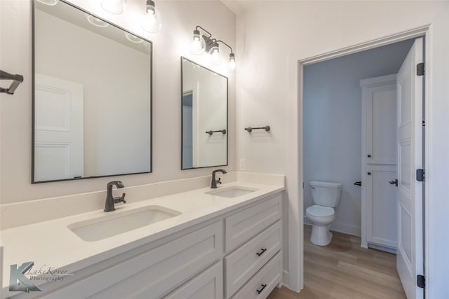 bathroom with hardwood / wood-style flooring, vanity, and toilet