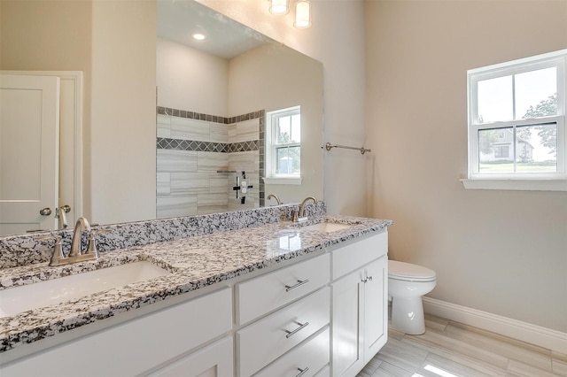 bathroom featuring toilet, vanity, and walk in shower