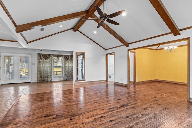 unfurnished living room featuring hardwood / wood-style floors, beamed ceiling, ceiling fan with notable chandelier, and high vaulted ceiling