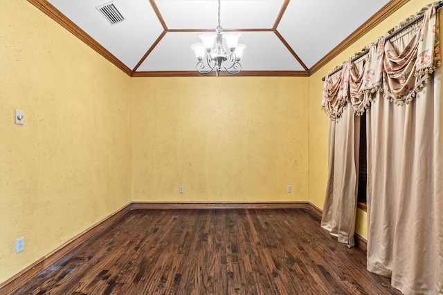 unfurnished room featuring lofted ceiling, crown molding, and dark wood-type flooring