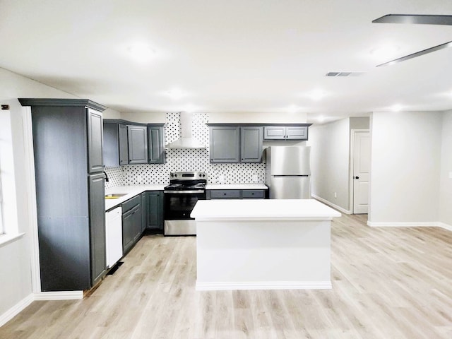 kitchen with wall chimney exhaust hood, stainless steel appliances, light hardwood / wood-style floors, and decorative backsplash