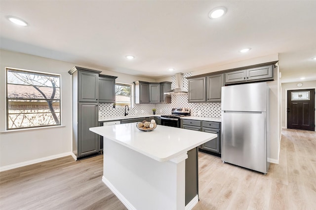 kitchen featuring gray cabinets, appliances with stainless steel finishes, a center island, tasteful backsplash, and wall chimney exhaust hood