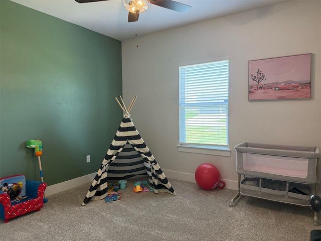 5223 Fox Trot Ln, Caddo Mills, TX 75135 - recreation room featuring baseboards, a ceiling fan, and carpet flooring
