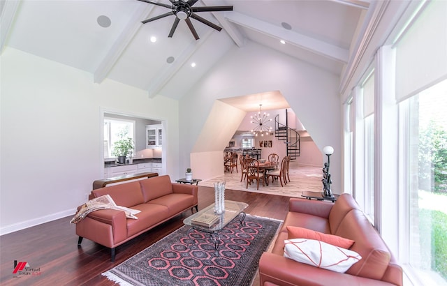 living room with beamed ceiling, wood-type flooring, ceiling fan with notable chandelier, and high vaulted ceiling