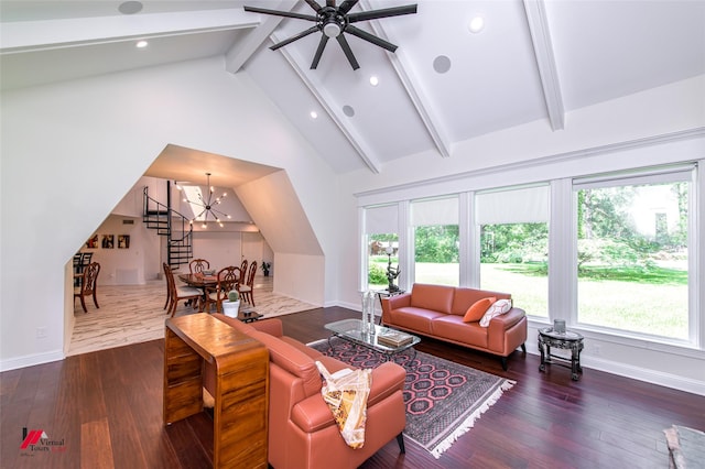 living room featuring beamed ceiling, dark hardwood / wood-style floors, ceiling fan with notable chandelier, and high vaulted ceiling