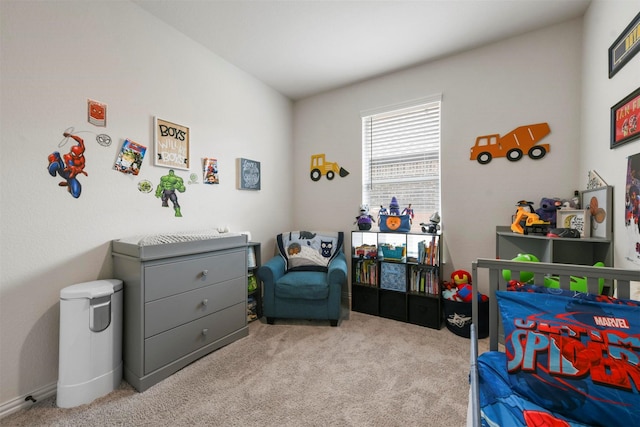 bedroom featuring light carpet