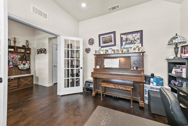 home office featuring french doors and dark hardwood / wood-style floors