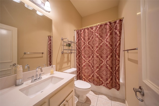 full bathroom with tile patterned flooring, vanity, toilet, and shower / bathtub combination with curtain