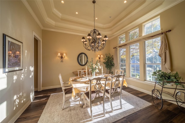 dining space with a tray ceiling, plenty of natural light, dark wood-type flooring, and ornamental molding