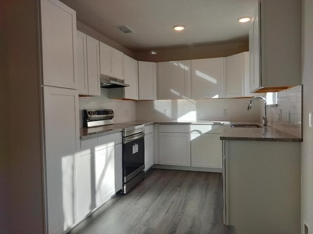 kitchen with backsplash, white cabinets, sink, stainless steel electric range oven, and wood-type flooring