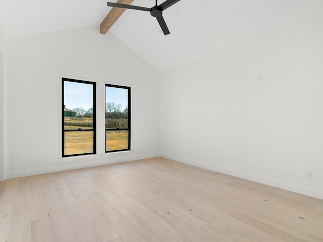 empty room featuring beamed ceiling, light hardwood / wood-style floors, high vaulted ceiling, and ceiling fan