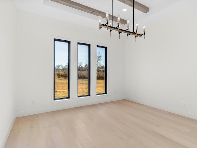 unfurnished dining area featuring light hardwood / wood-style flooring, beamed ceiling, and a chandelier