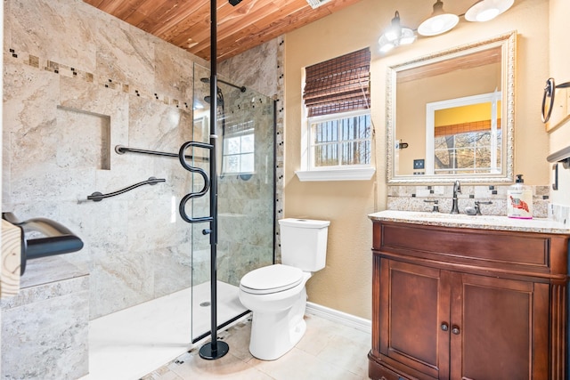 bathroom featuring vanity, toilet, an enclosed shower, and wood ceiling